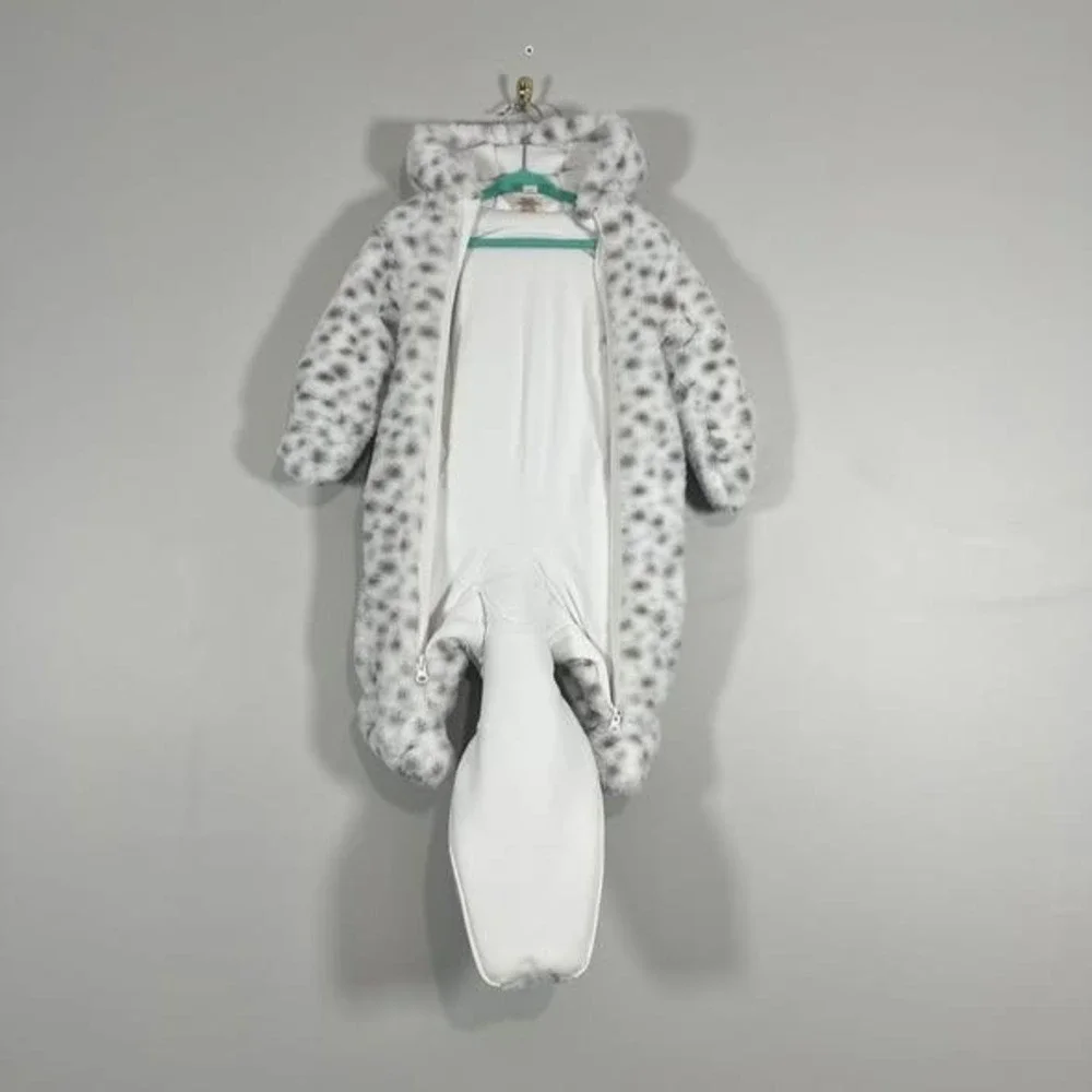 First Wish Snowsuit Baby Girl Infant 9-12 Mon Leopard Print Faux Fur Snow Bib‎